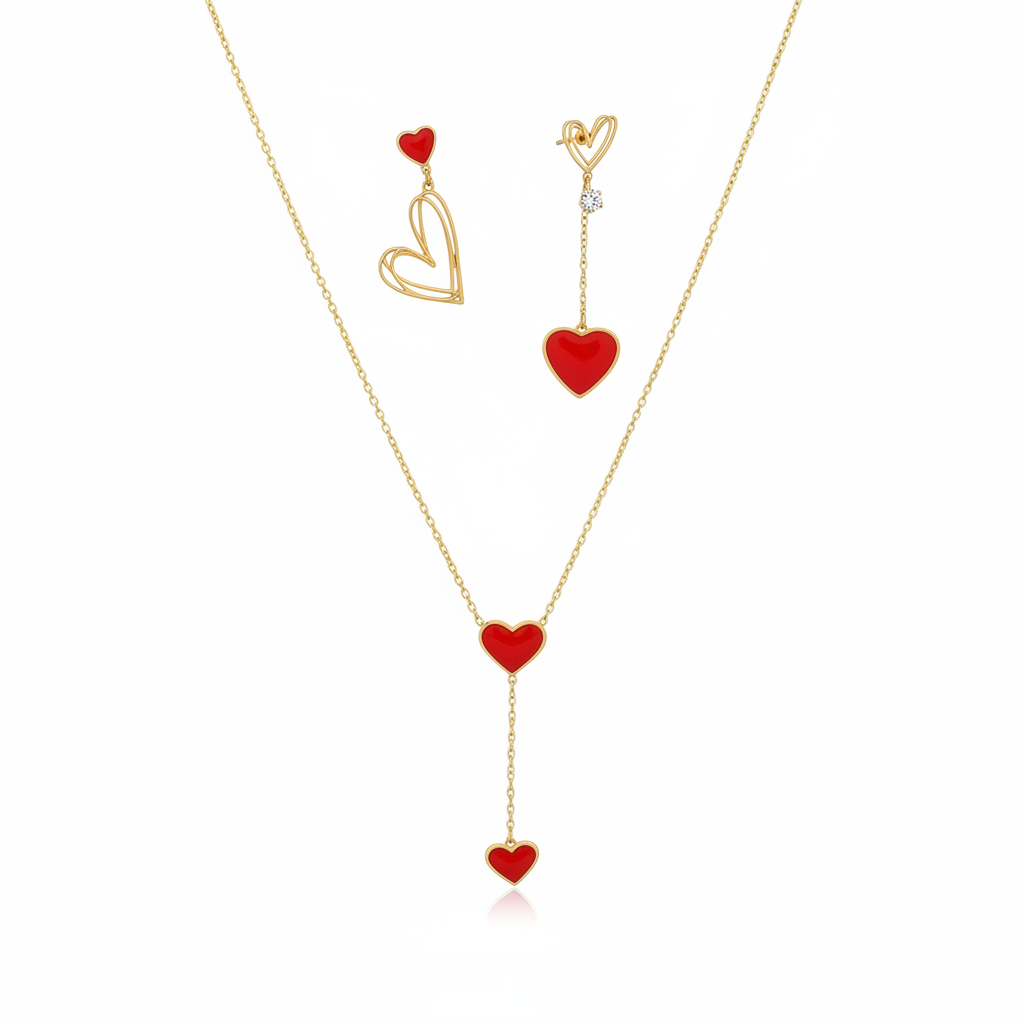 COLLANA E ORECCHINI SET IN ACCIAIO "CUORICINI ROSSI"