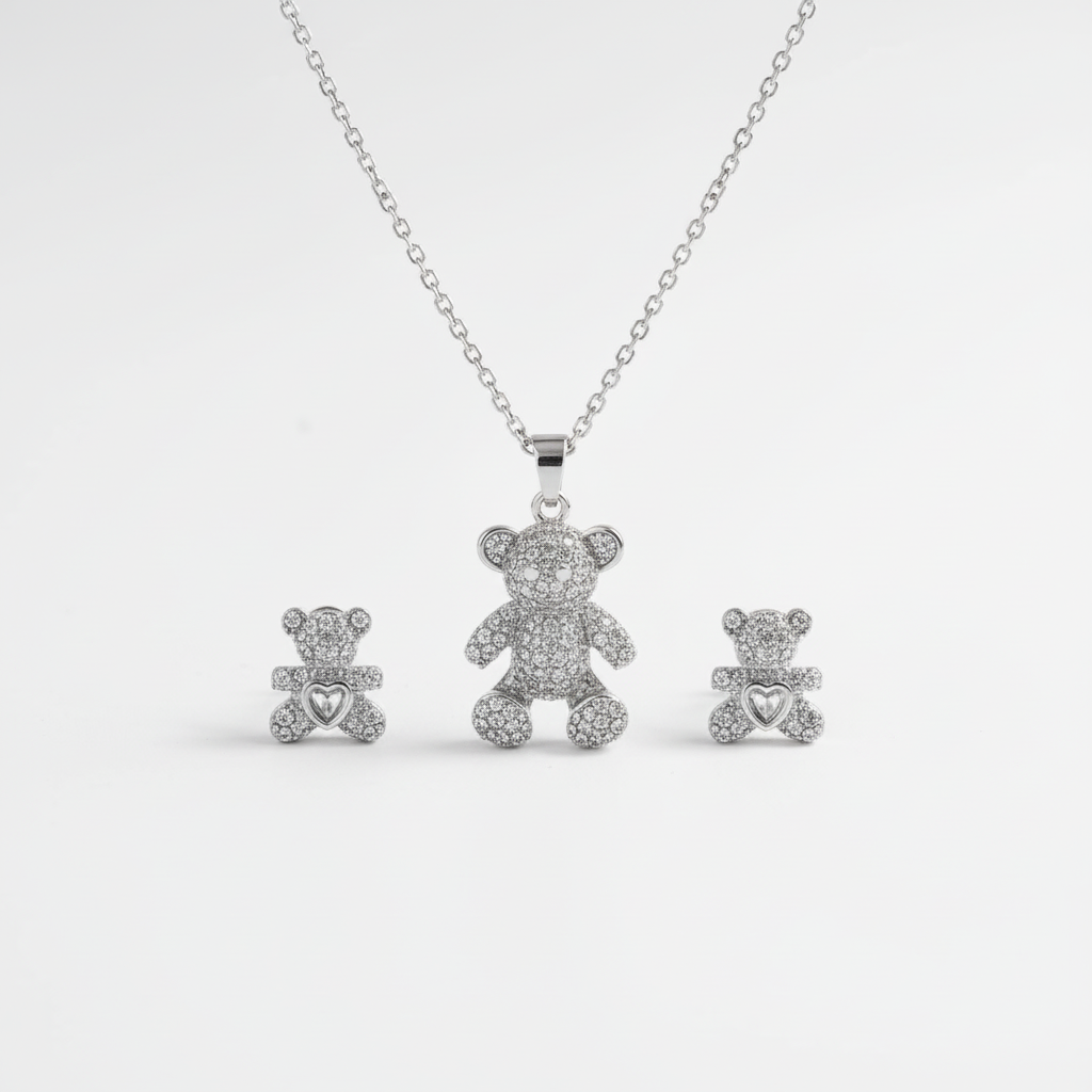 COLLANA E ORECCHINI SET  IN ACCIAIO  "TEDDY LOVE"