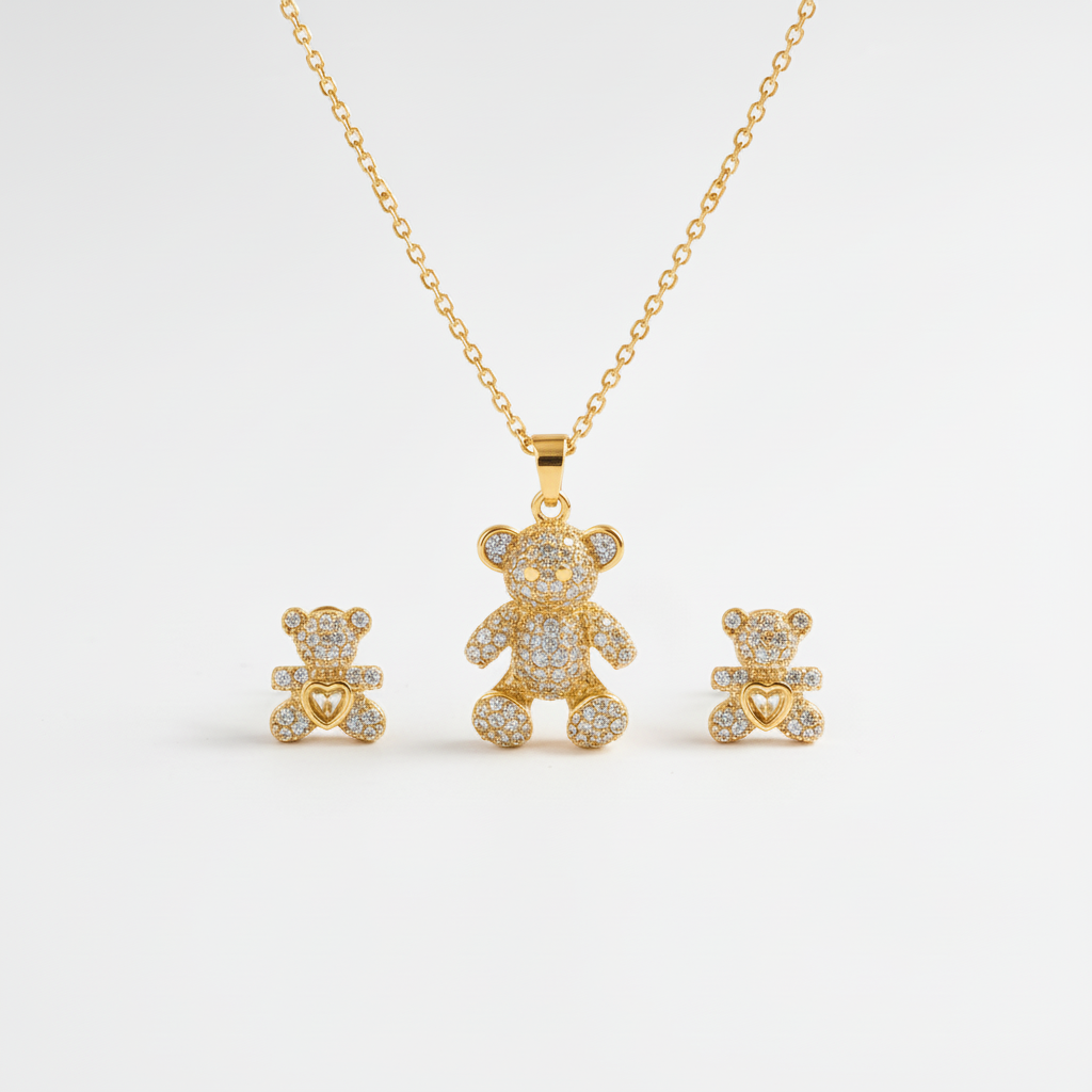 COLLANA E ORECCHINI SET  IN ACCIAIO  "ORSETTO LUMINOSO"